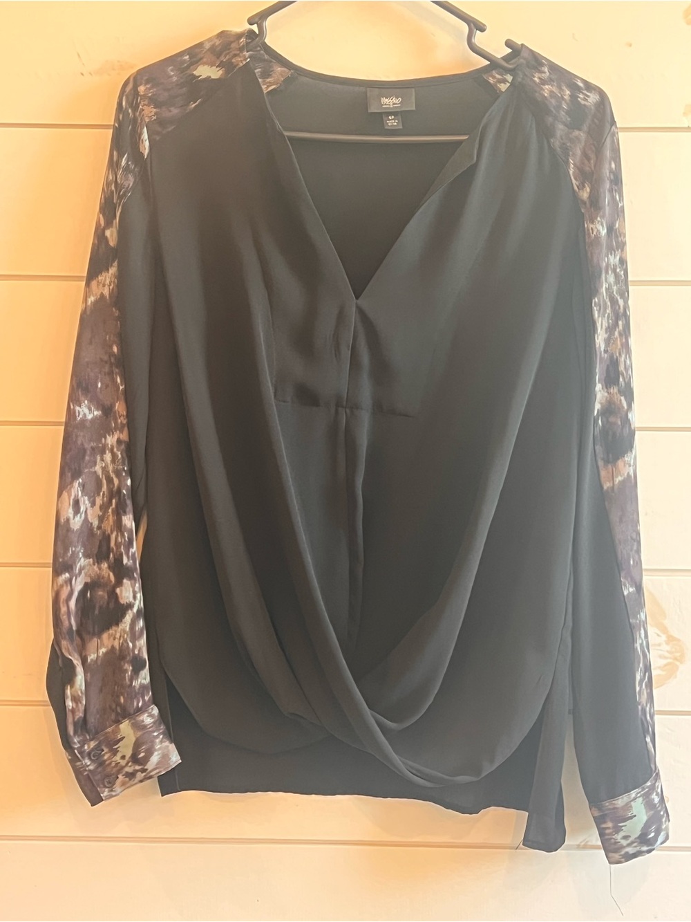Mossimo Supply Co. Black Chiffon Draped Blouse with Patterned Sleeves